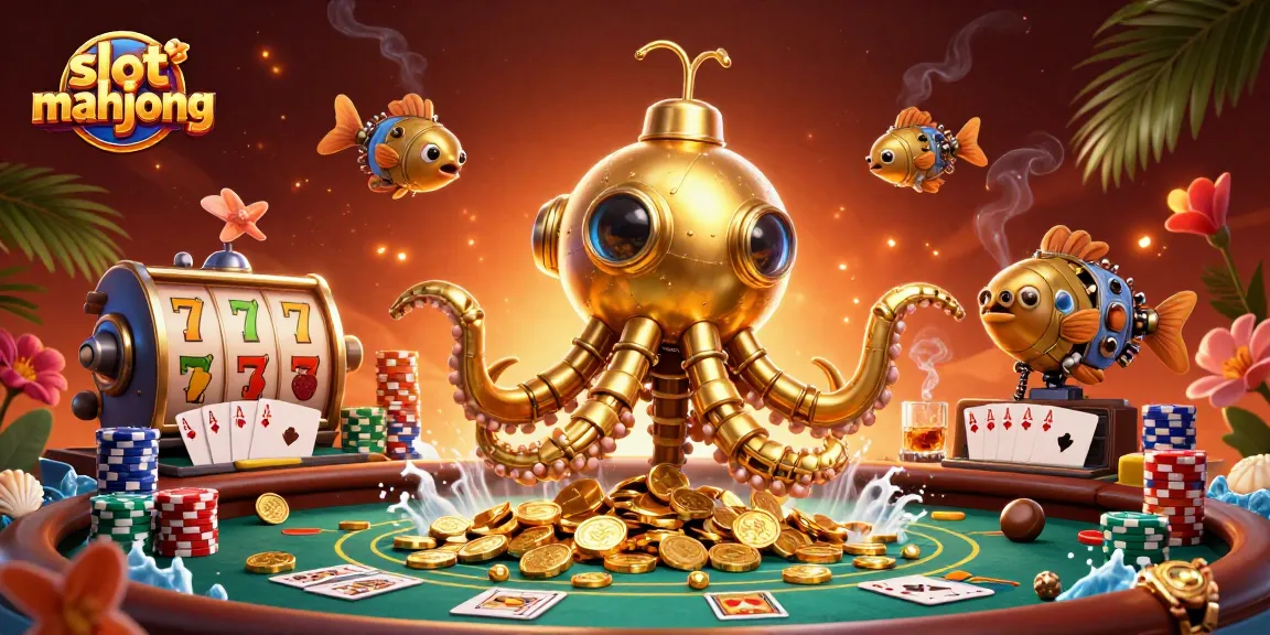 Engage with slot mahjong in a thrilling scene with a golden kraken submarine and poker elements.
