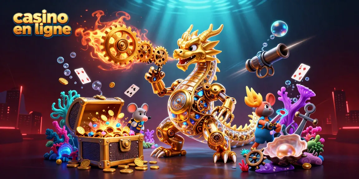 Découvrez les trésors des jeux de casino en ligne avec l'illustration dynamique d'un dragon doré mécanique et des éléments de jeu captivants.