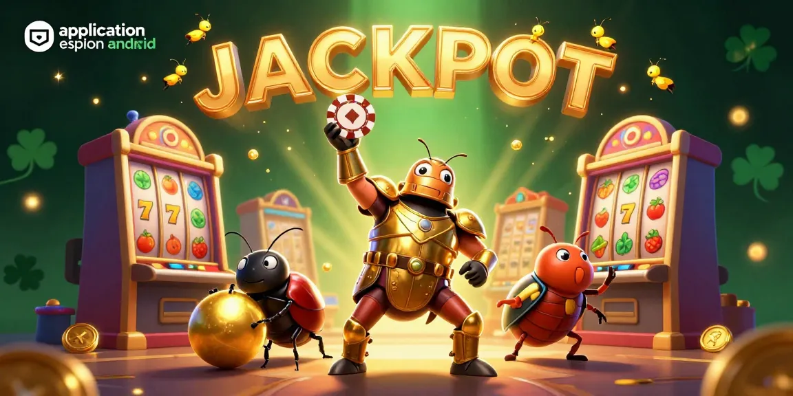 Vérifiez les jackpots avec l'application espion android sur un fond vibrant de machines à sous.