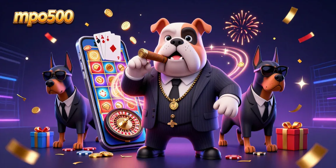 The mpo500 platform features a mafia bulldog amid exciting casino elements, inviting players to enjoy the thrill of online gaming.