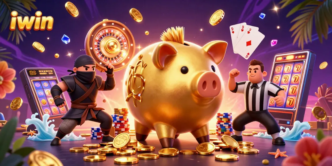 Win big at iwin with a vibrant 3D casino scene featuring a golden piggy bank and more!