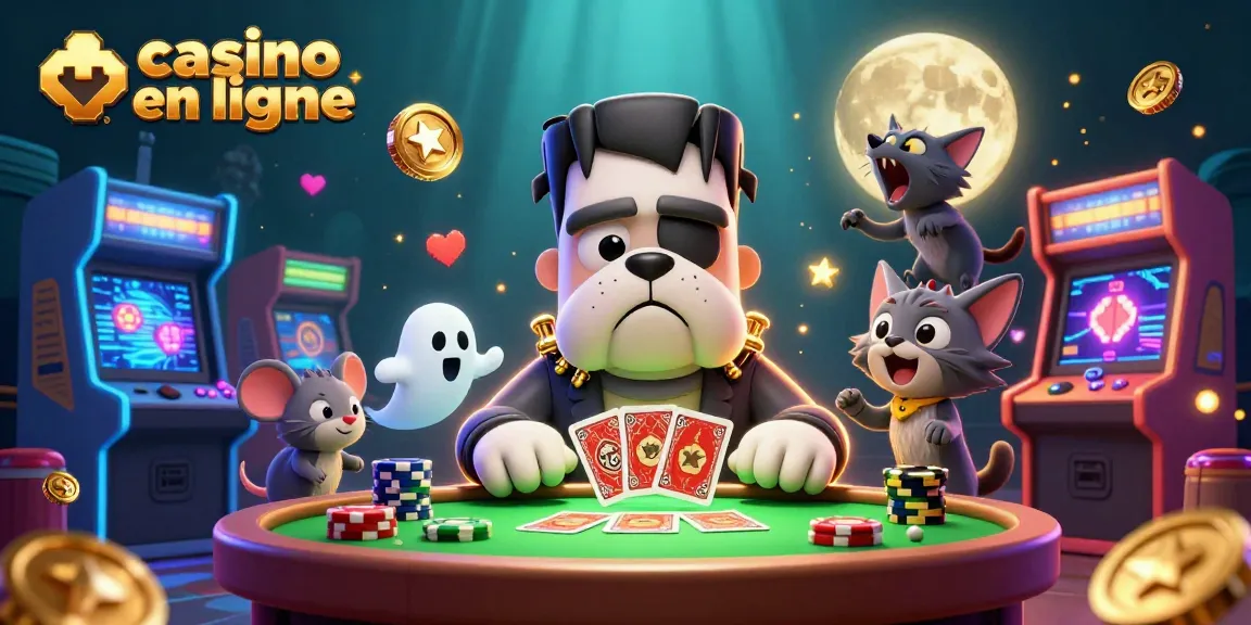 Jouer à des jeux de casino en ligne avec un bulldog Frankenstein et un chaton loup, ambiance festive.