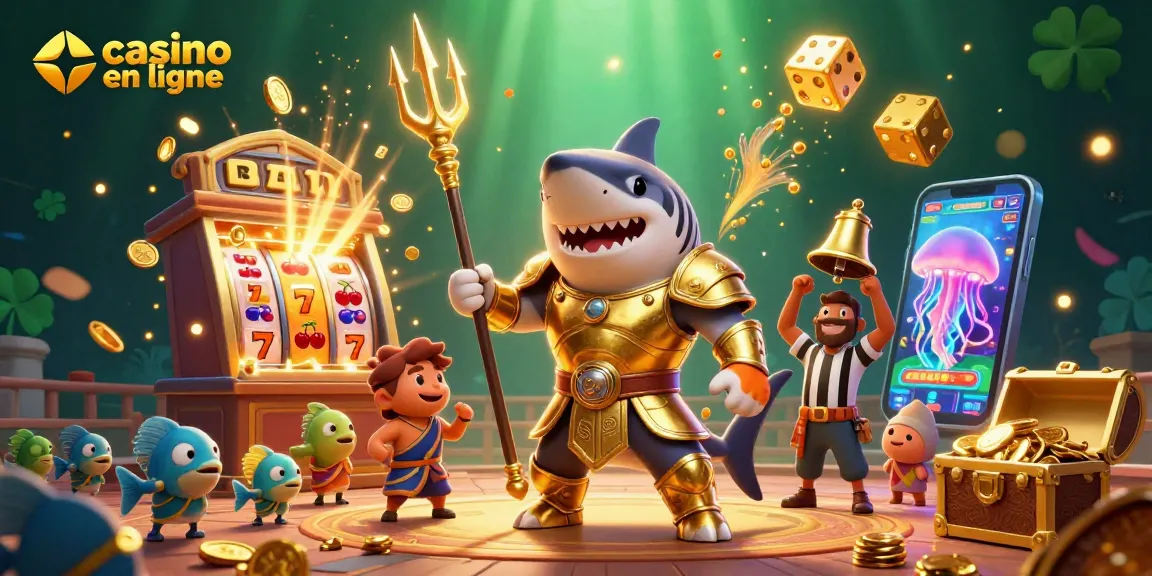 Jouer au casino en ligne avec le tiger shark gladiateur dans une scène dynamique et colorée.