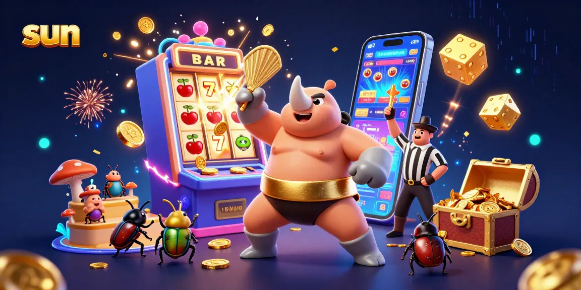 Experience sun-studded excitement as beetle champions stomp jackpots and coins fly in this vibrant casino scene.