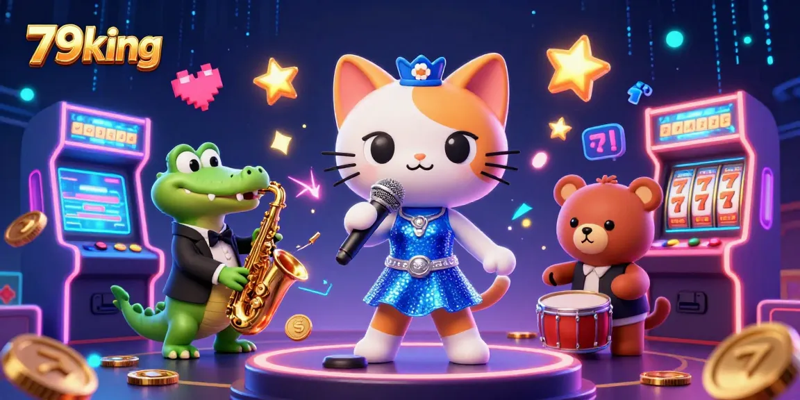 79king showcases vibrant casino fun with a singing cat, saxophone crocodile, and drum bear cub.