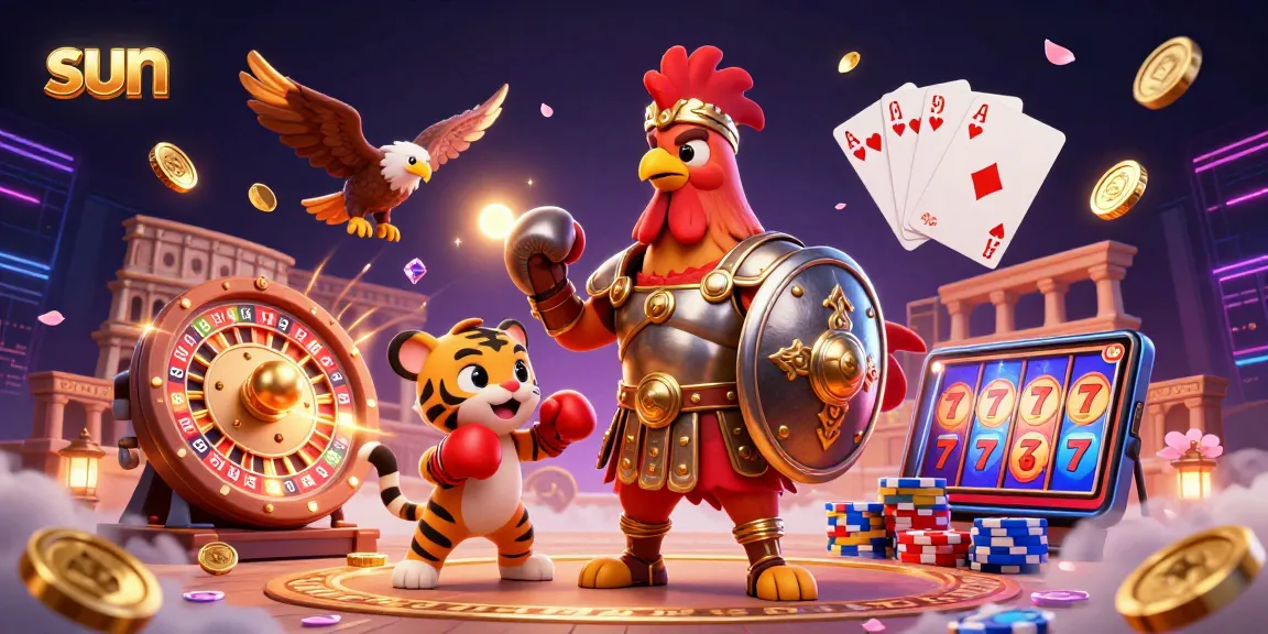 Play exciting casino games with Sun, featuring a gladiator rooster and vibrant gaming elements.