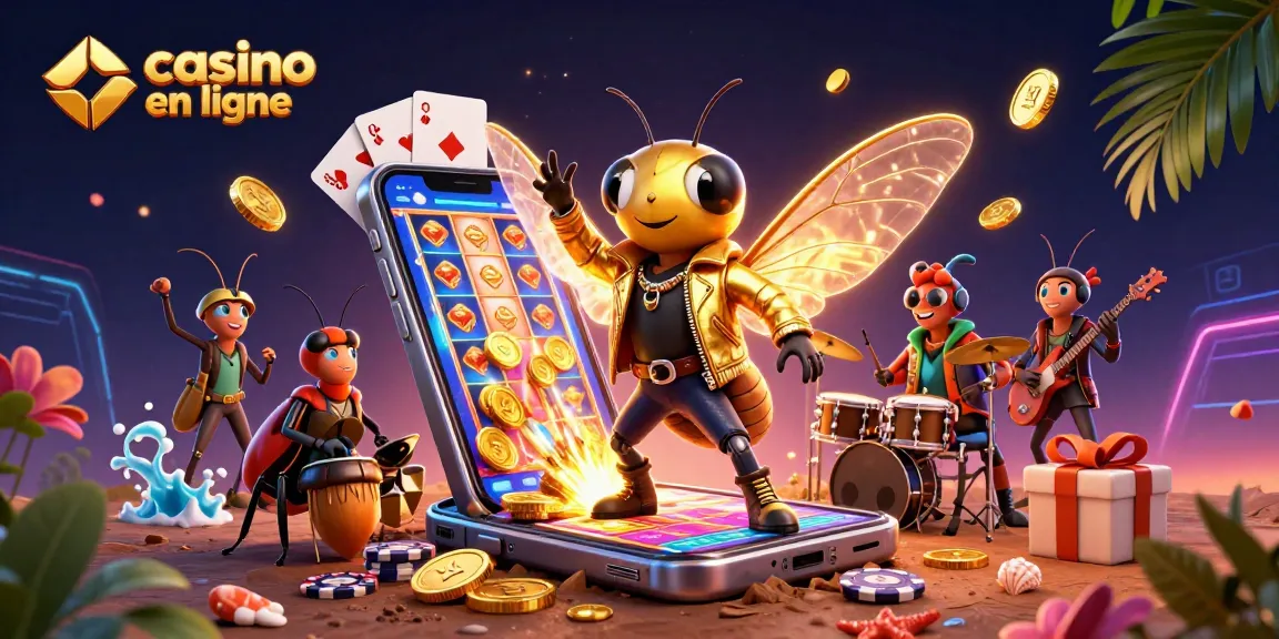 Plongez dans l'univers du casino en ligne avec une illustration pleine d'énergie, incluant jeux de machines à sous et animations captivantes.