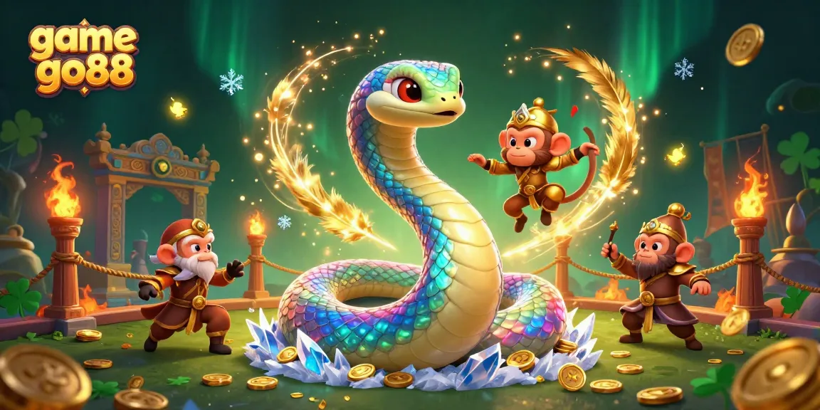 Engage with game go88 as an enchanting rainbow serpent and monkey king light up a vibrant casino arena.