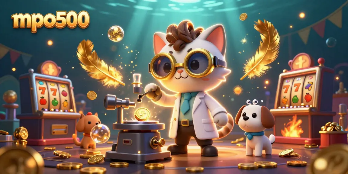 Win big with mpo500 in a dynamic casino scene featuring a mad scientist cat and assistant.