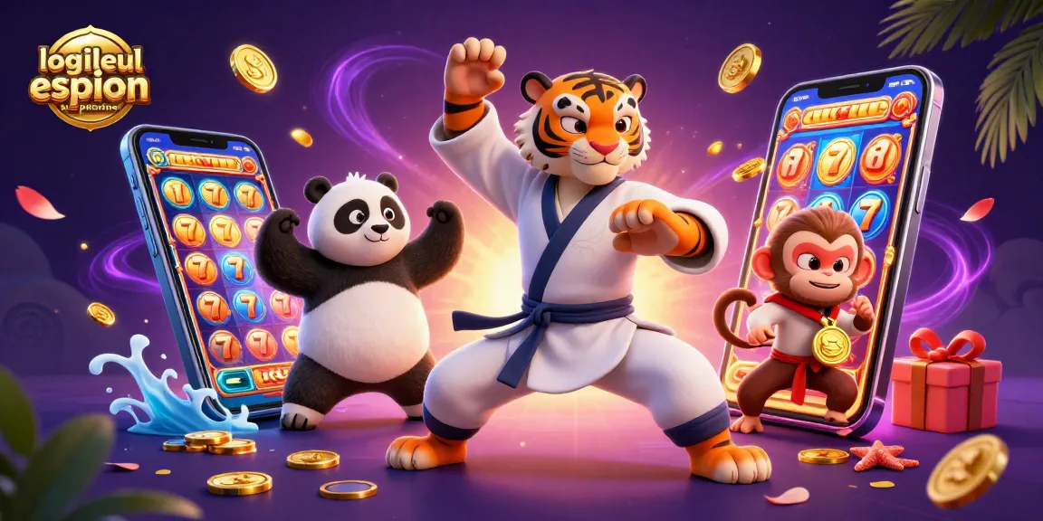 Illustration dynamique et colorée sur le meilleur logiciel espion téléphone, avec un tigre kung-fu et des éléments de jeu.