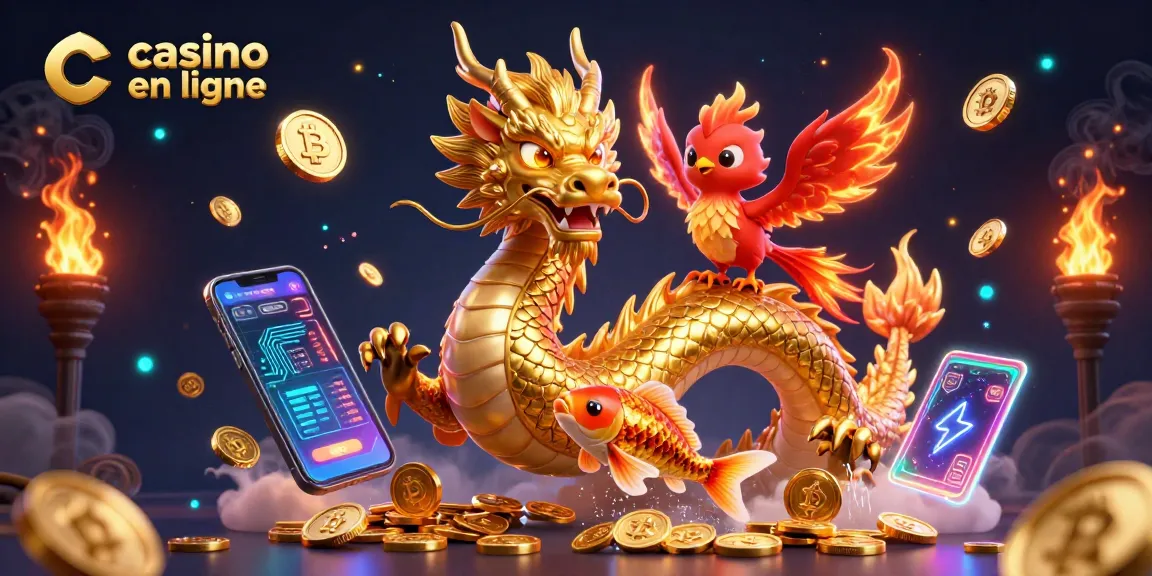 Jouez sur un casino en ligne illustré avec un dragon, un phénix et un koi, tout en profitant des crypto-monnaies.