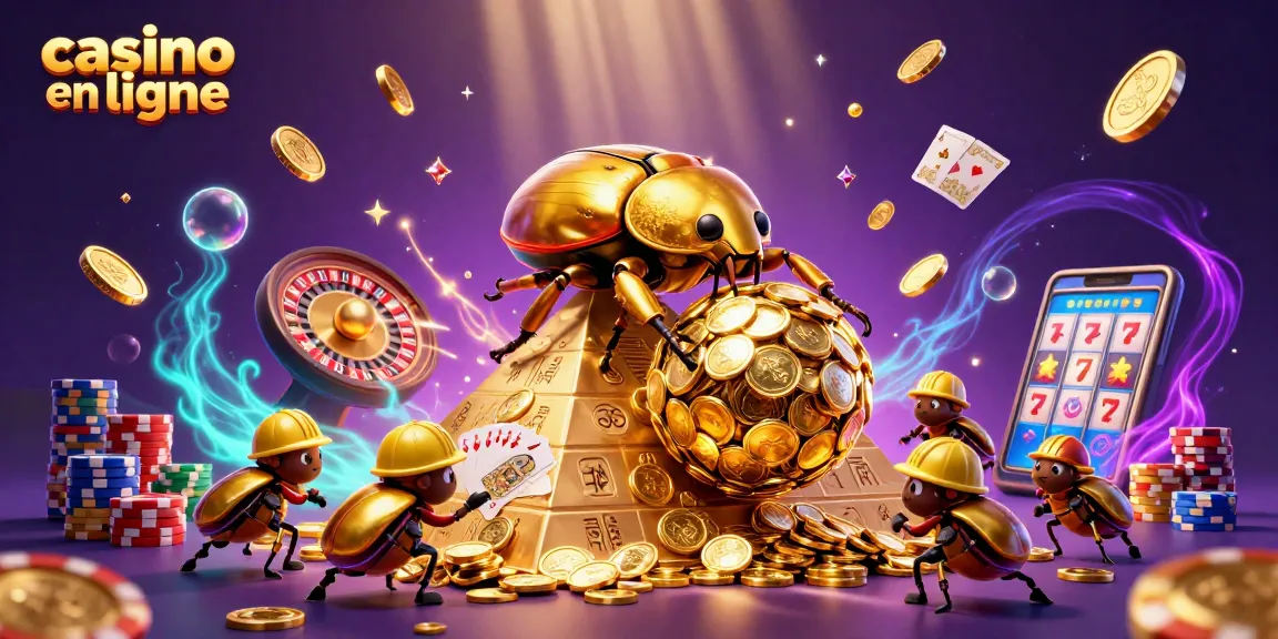 Plongez dans l'univers du casino en ligne avec une scène dynamique de coccinelle dorée et des éléments de jeu rayonnants.