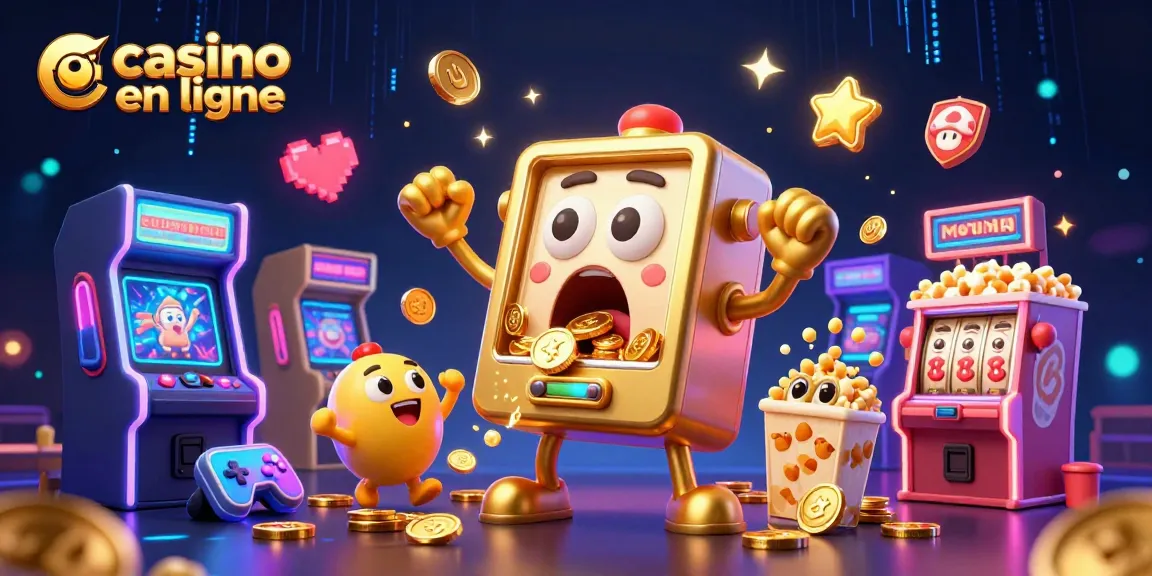 Des jetons fusent d'une machine à sous de casino en ligne, créant une ambiance festive avec des machines en arrière-plan.