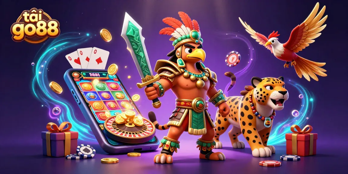 Engage in exciting slots with tải go88 featuring an Aztec warrior, jaguar, and vibrant game elements.