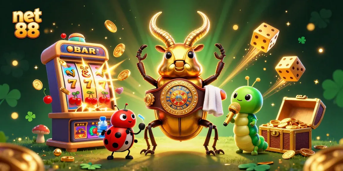 Compete with net 88's dynamic gaming action featuring a golden stag beetle and vibrant slots.