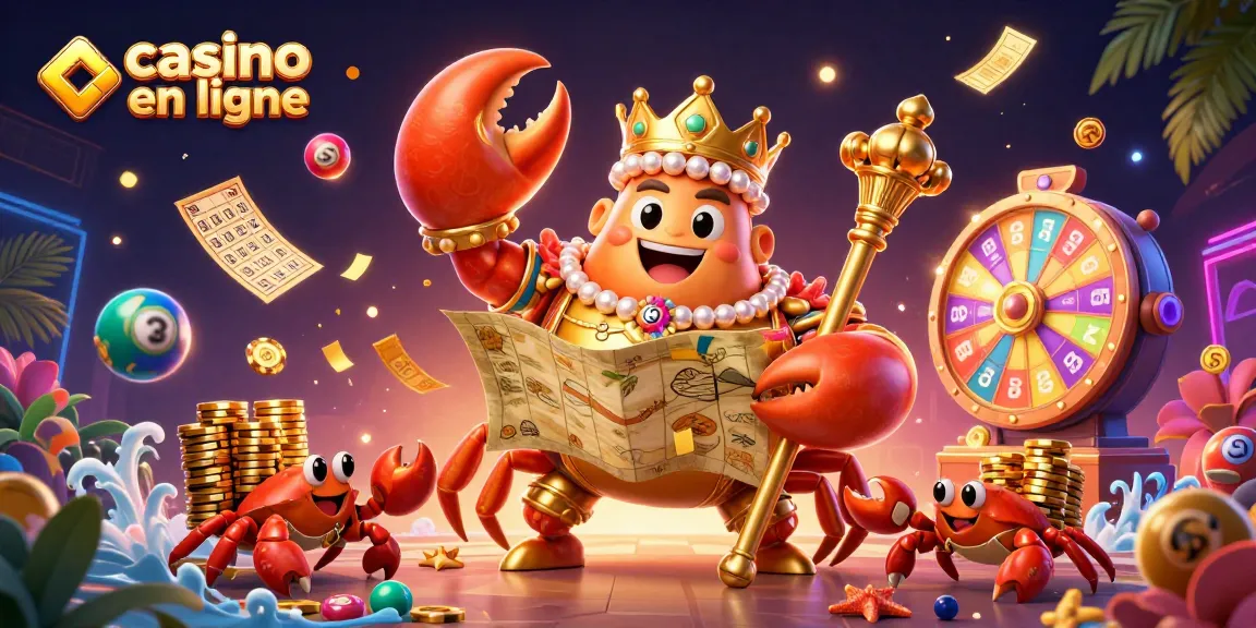 Gagnez au casino en ligne avec ce crabe doré et des éléments de loterie colorés.