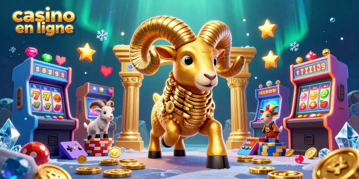 Jouez au casino en ligne avec cette illustration d'un bélier doré et des jeux colorés.