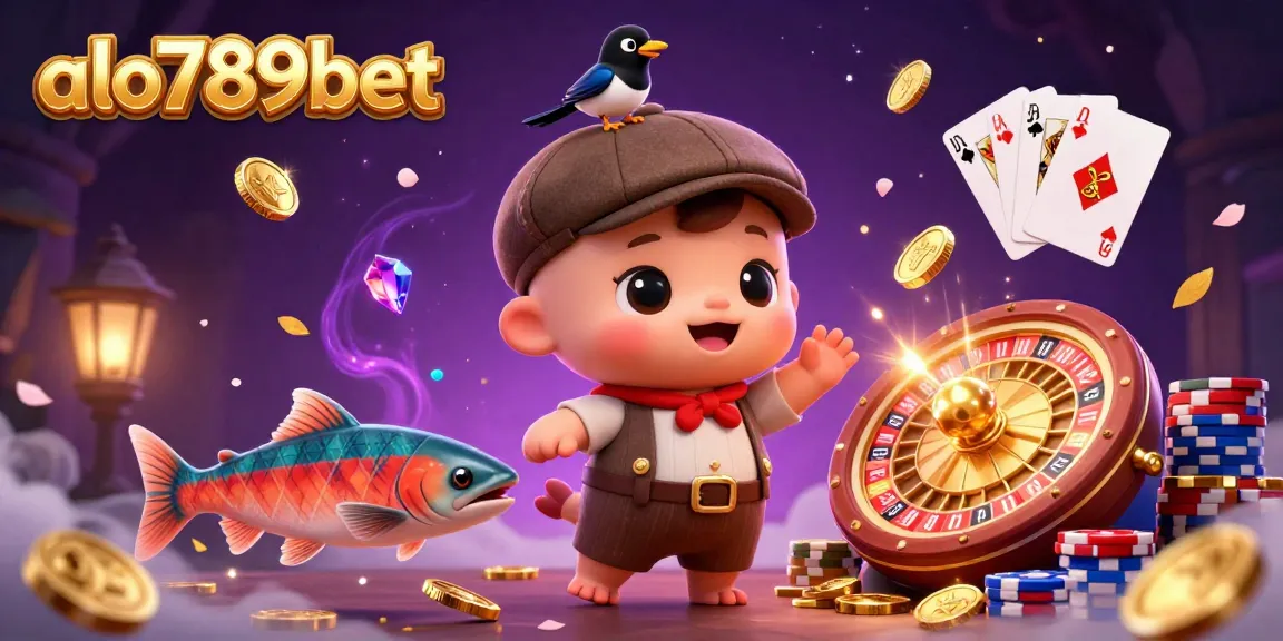 A vibrant 3D scene of the alo789bet online casino featuring cartoon characters, coins, and a roulette wheel.
