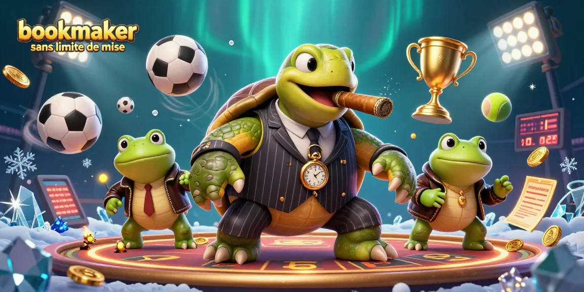 Placer des paris élevés avec bookmaker sans limite de mise, illustré par une tortue massive en costume.