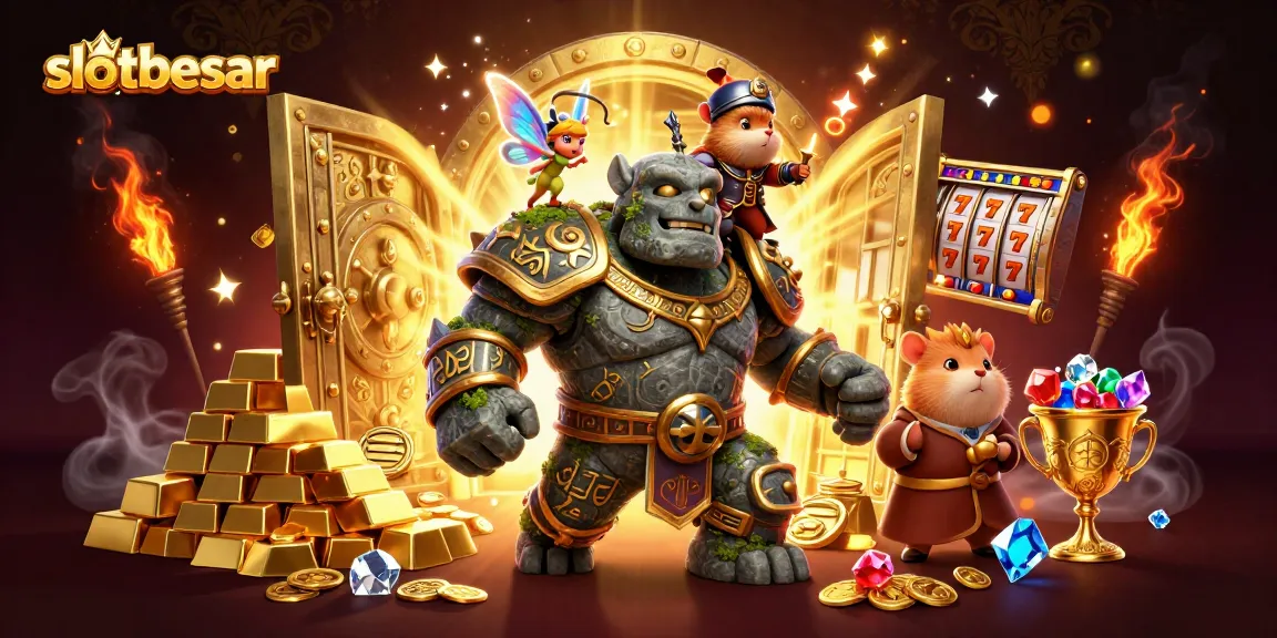Spin to win at slotbesar with a magical scene of a golem, fairy, and hamster amidst golden treasures.
