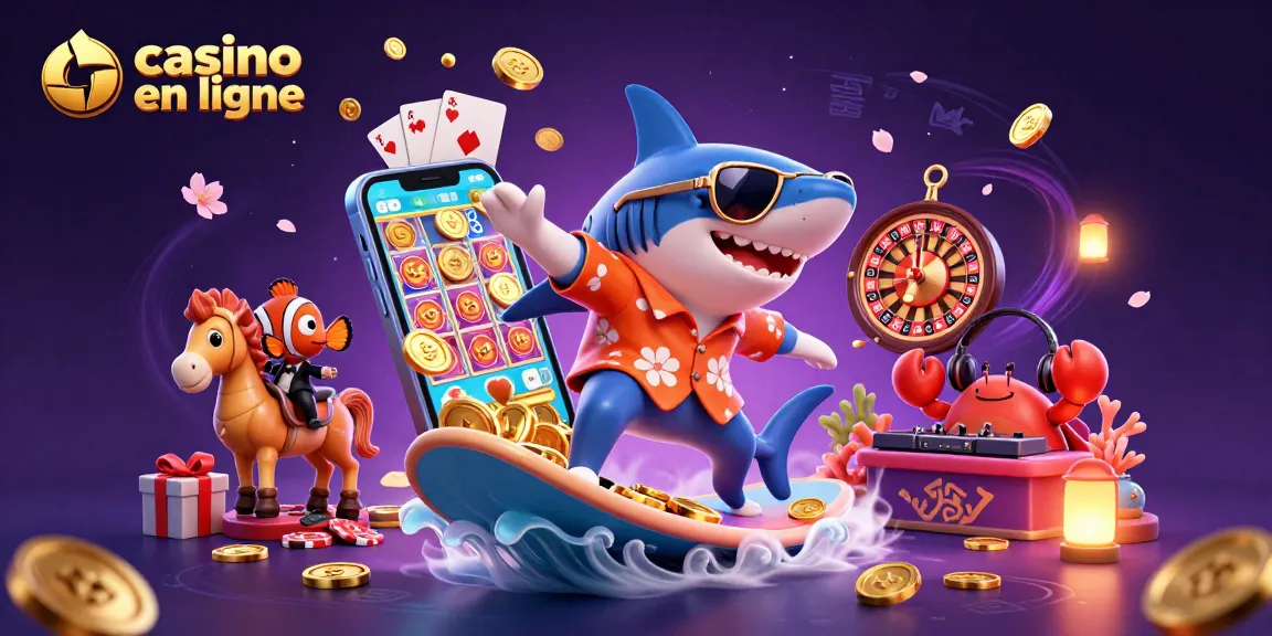 Plongez dans l'univers du casino en ligne avec un requin en costume hawaïen entouré de pièces d'or.
