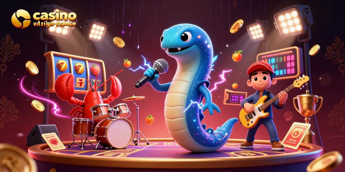 Vivez l'intensité du casino en ligne France avec cette illustration captivante où un anguille électrique DJ et son groupe vous plongent dans l'univers du jeu.
