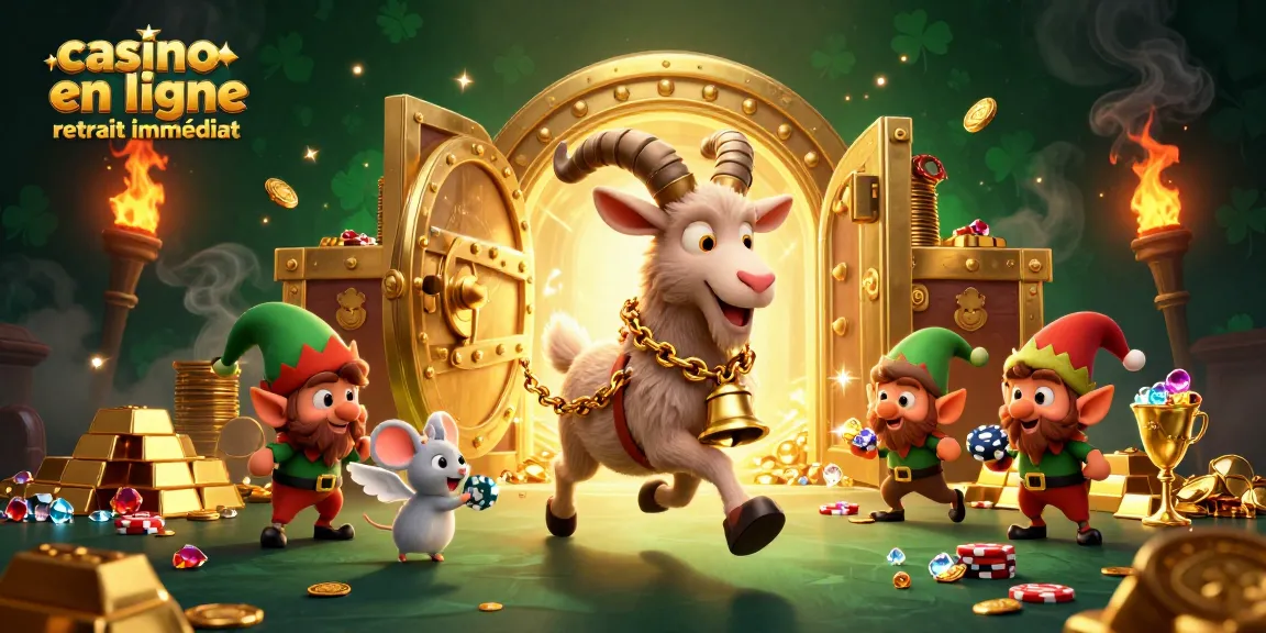 Casino en ligne retrait immédiat : scènes d'un casino animé avec des personnages fantaisistes et des trésors scintillants.