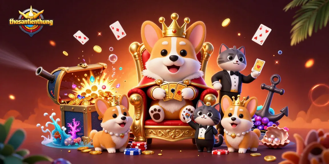 Engaging scene of thosantienthuong featuring a royal corgi enjoying casino-themed treasures.