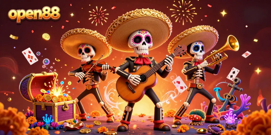 Play exciting games at open88 with vibrant Day of the Dead themed casino scene featuring lively skeleton musicians.