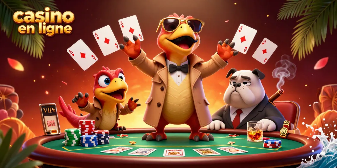 Illustration de raptors en trench coat devant un casino en ligne, avec des jetons de poker et une ambiance festive.