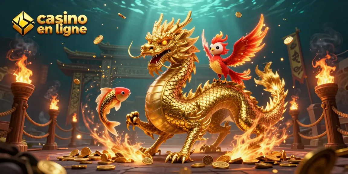 Jouer au casino en ligne avec un dragon chinois, un phénix et un poisson koi entourés de pièces d'or.