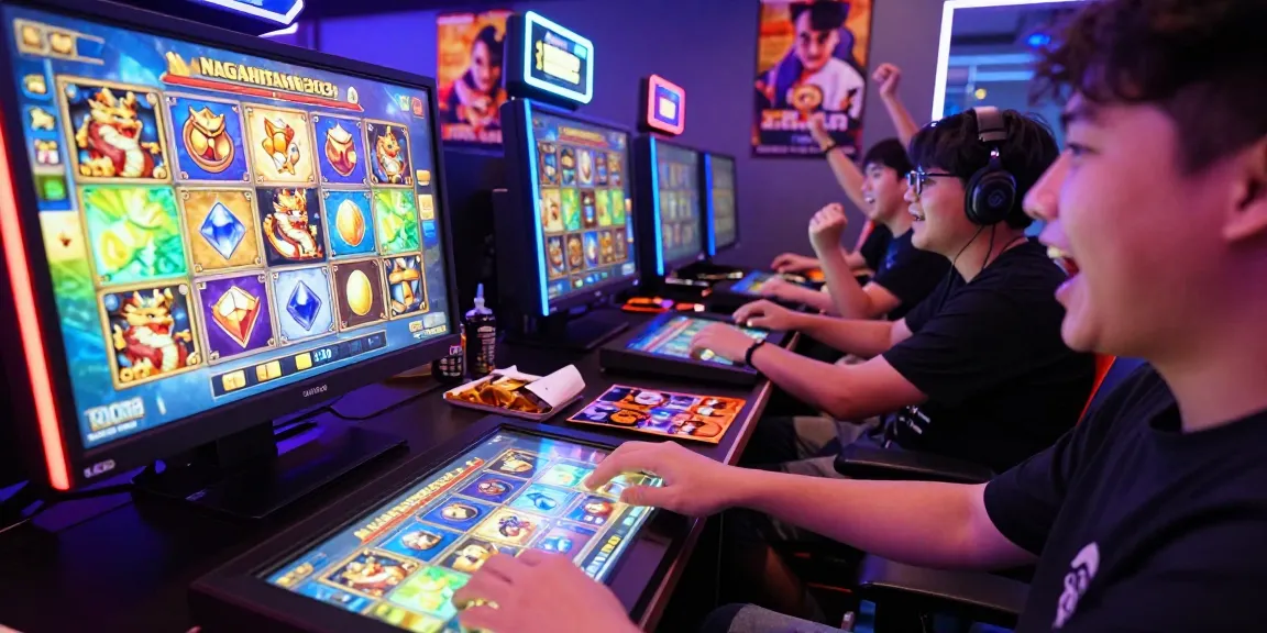 Excited players enjoying the Nagahitam303 Slot gaming experience in a vibrant lounge.