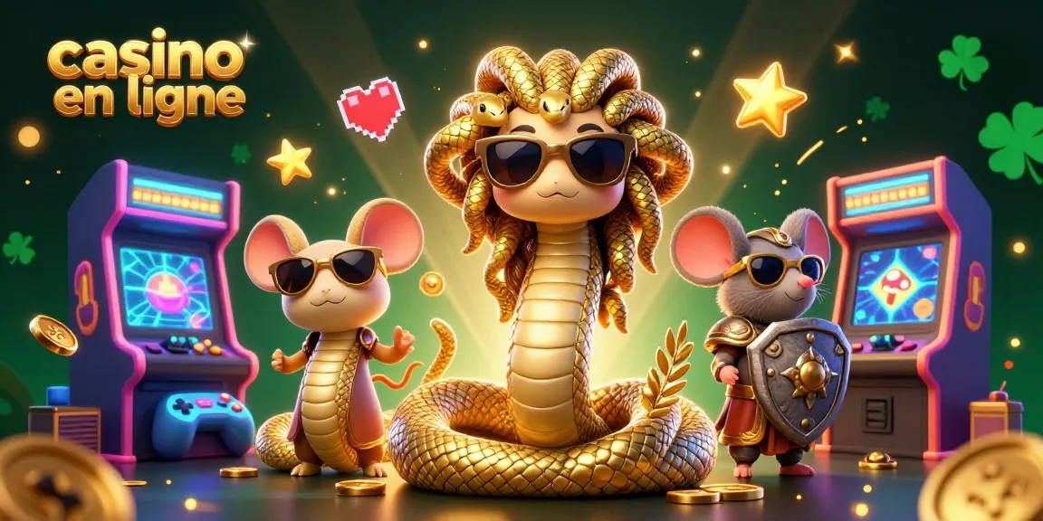 Plongez dans l'univers du casino en ligne avec une Medusa sympathique et un souris guerrier, entourés de machines à sous colorées.