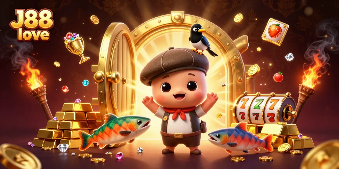 Experience J88 love as playful characters gather around golden treasures in a vibrant casino scene.