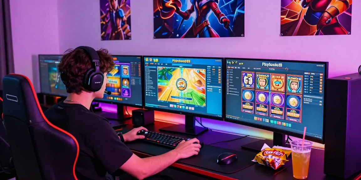 Exciting Playbook88 online gaming scene with a gamer enjoying slots in a vibrant setup.