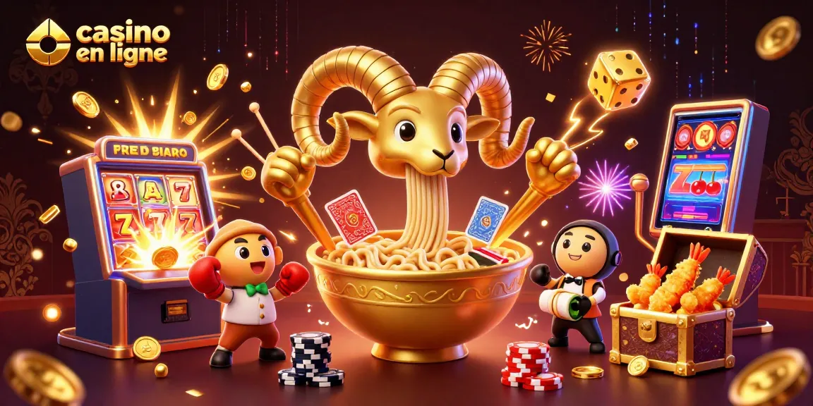 Illustration dynamique d'un casino en ligne avec un bol de ramen géant et des personnages colorés.