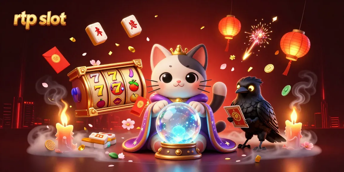 Mengulik informasi rtp slot dengan karakter cat mistis dan elemen slot ceria dalam ilustrasi 3D.