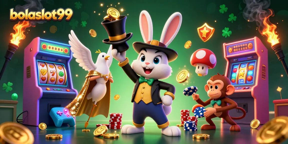 Experience the magic of bolaslot99 with a 3D cartoon scene featuring a rabbit, dove, and monkey amidst casino riches.