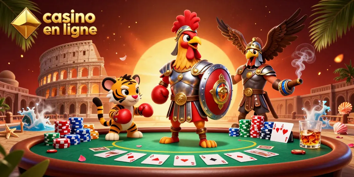 Scène d'animation 3D de casino en ligne avec un coq gladiateur et des éléments de poker dynamique.