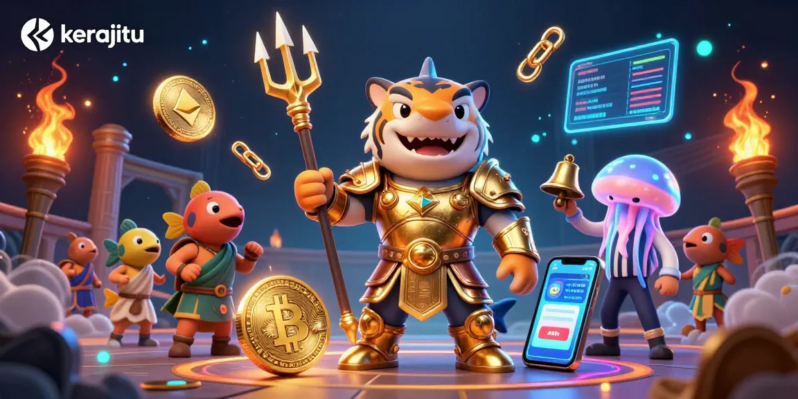 Engage in thrilling gameplay with kerajitu, featuring a 3D cartoon shark amidst vibrant crypto elements and a cheering crowd.