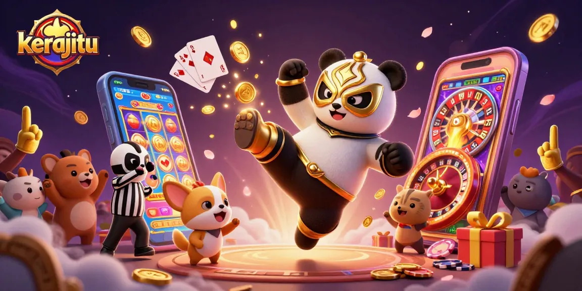kerajitu menampilkan panda gulat terbang di kasino dengan koin emas dan permainan slot
