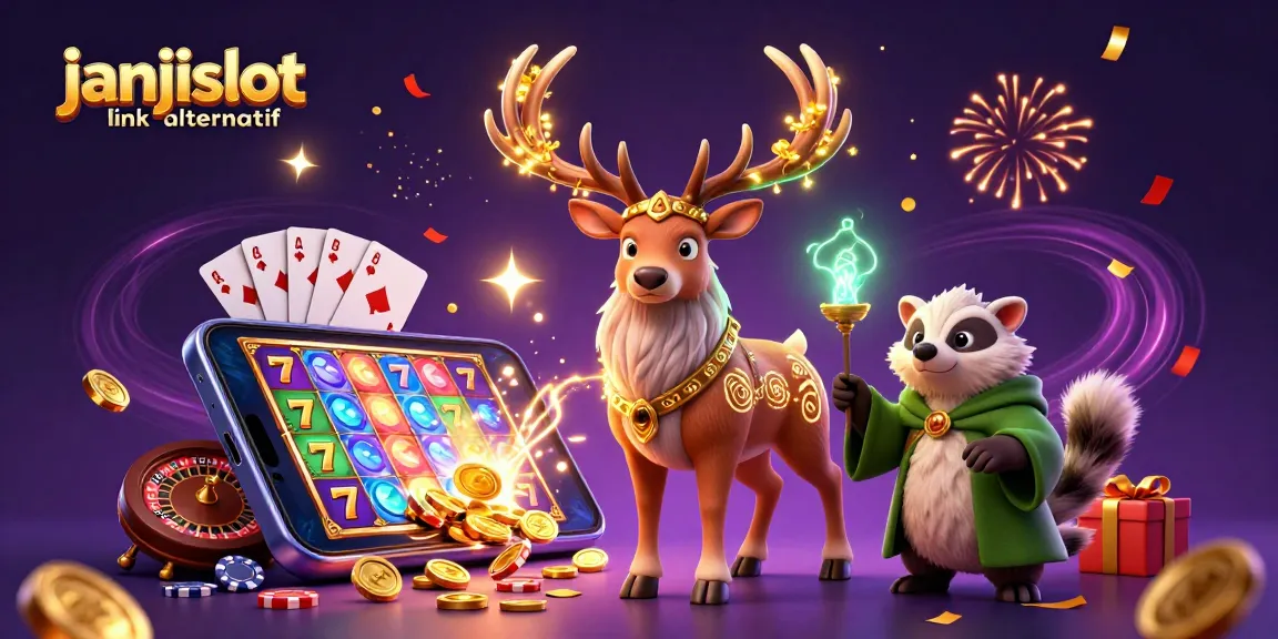 Engage with the janjislot link alternatif in this vibrant 3D casino scene filled with slot games and charming characters.