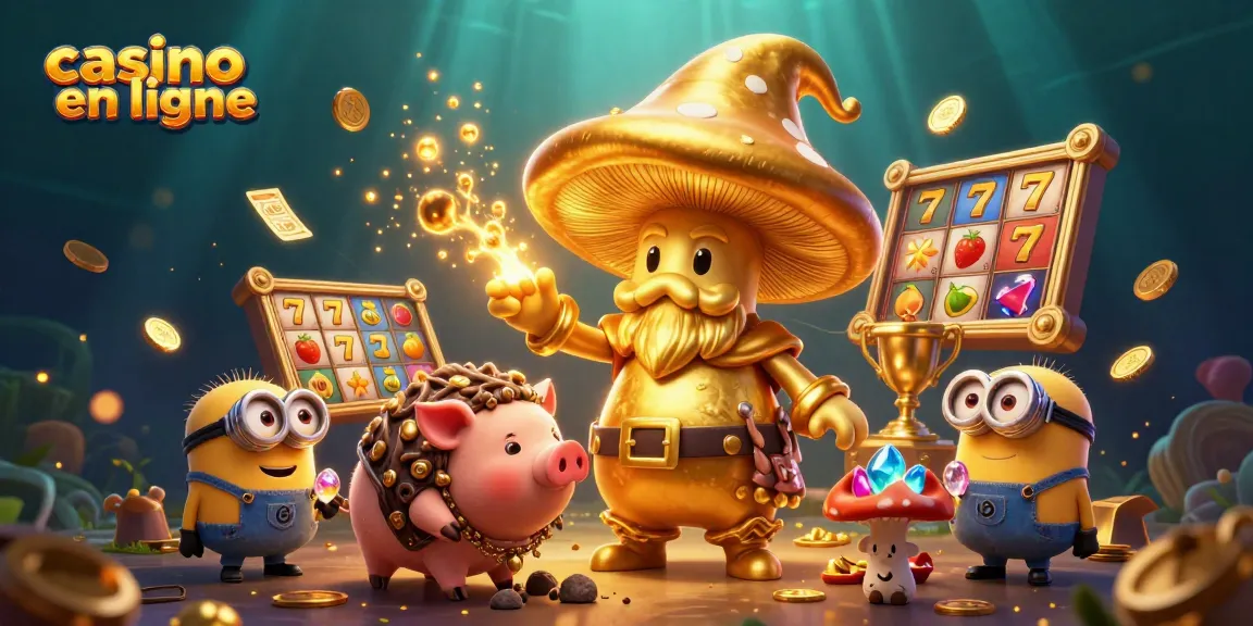 Illustration 3D de jeu "casino en ligne" avec un sorcier champignon doré, des symboles de chance et des pièces d'or.