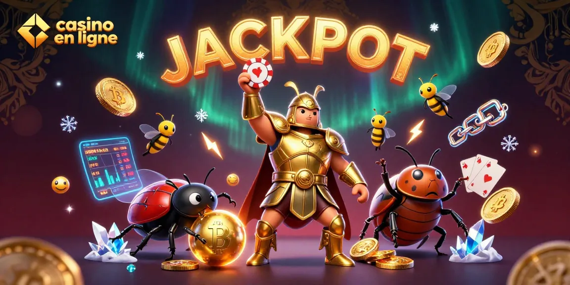 Visualisez un casino en ligne exceptionnel avec un scarabée en armure dorée levant un jeton, entouré de pièces de crypto.