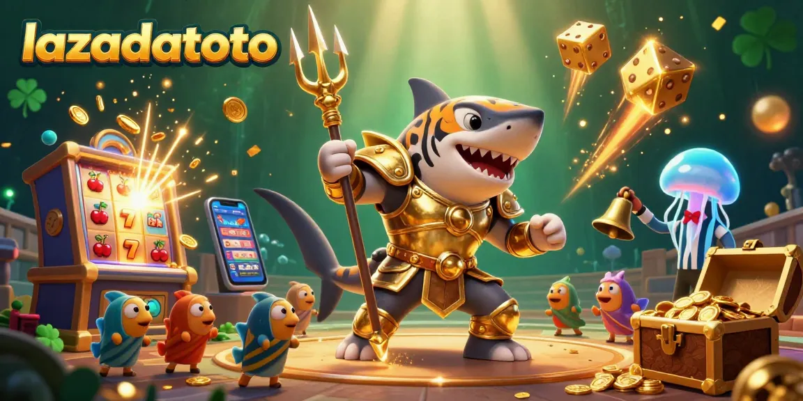 Experience thrilling gaming at lazadatoto with a 3D illustration of a gladiator shark, jackpot elements, and vibrant casino themes.