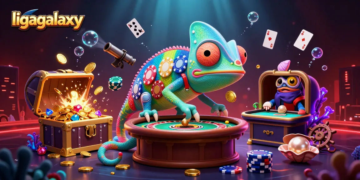 Menangkan permainan dengan ligagalaxy melalui ilustrasi kasino yang menampilkan chameleon pemilik kasino.