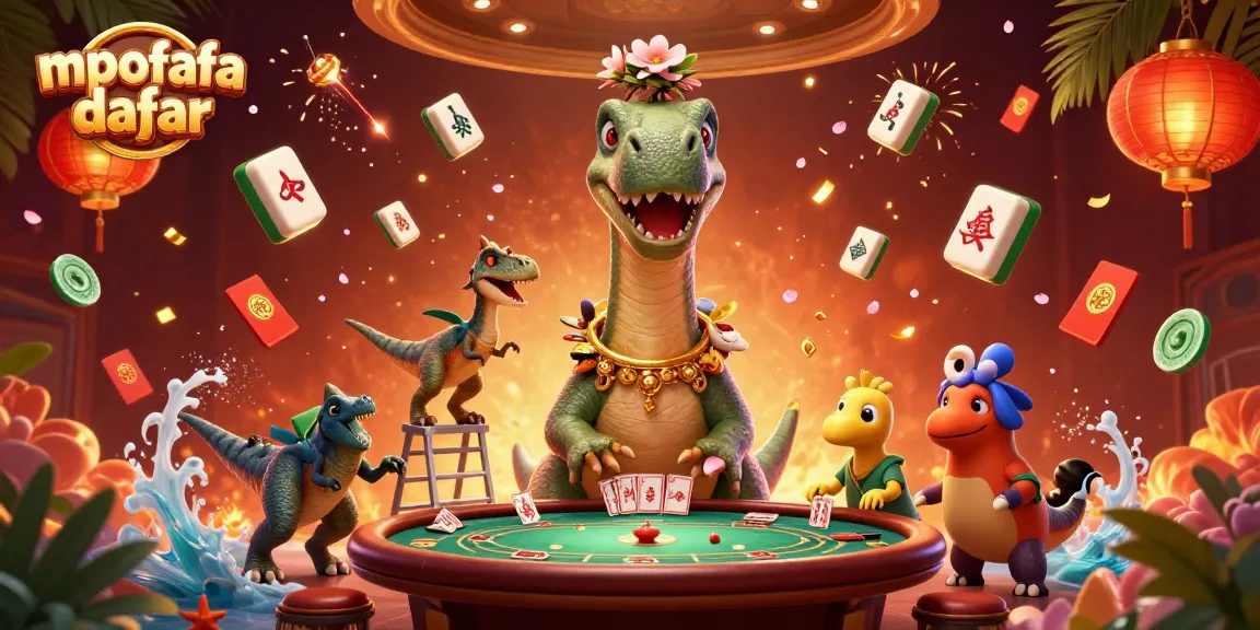 Experience the excitement of mpofafa daftar with a cartoon dinosaur in a vibrant casino scene.
