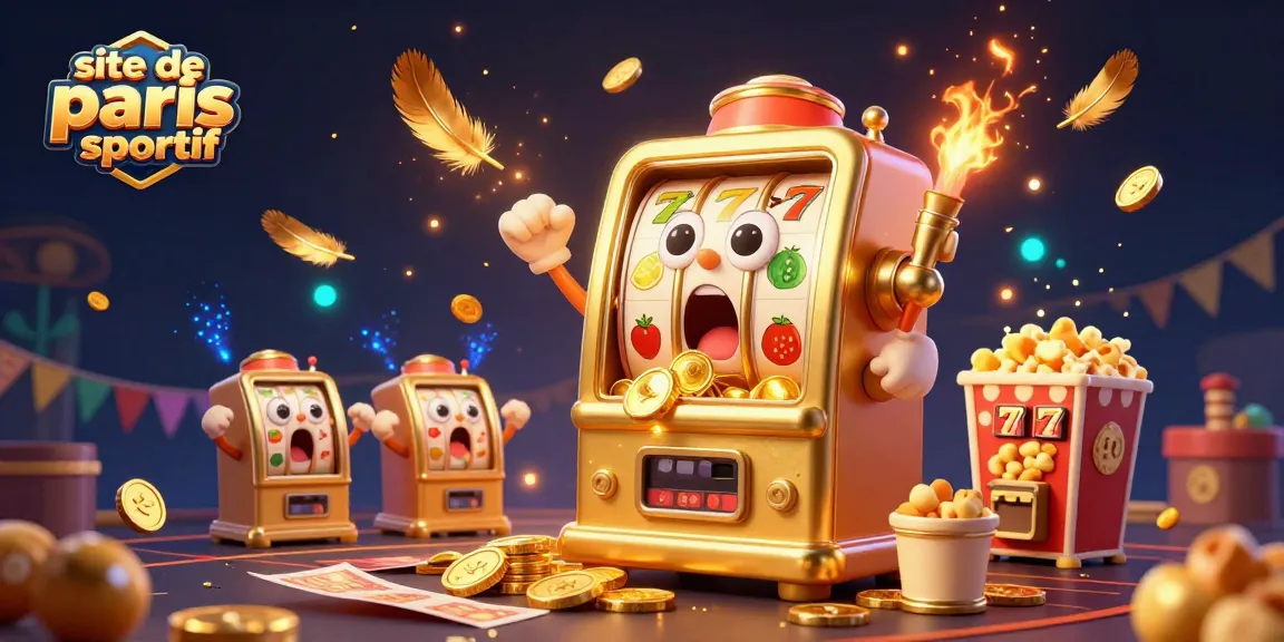 Ce site de paris sportif met en scène une machine à sous dorée, des pièces d'or et des symboles de jackpot, créant une atmosphère festive.