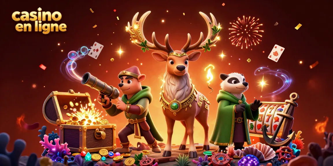Jouez au casino en ligne avec une illustration animée immersive mettant en avant un cerf druidique et un blaireau sage.