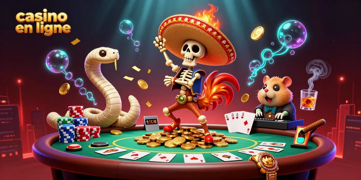 Illustrez l'univers du casino en ligne avec une danse enjouée de personnages animés sur des pièces d'or.